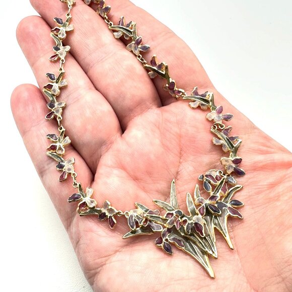 Rare Vintage 14K Yellow Gold Plique a  Jour Necklace Flower Design 22 Grams - Picture 4 of 11